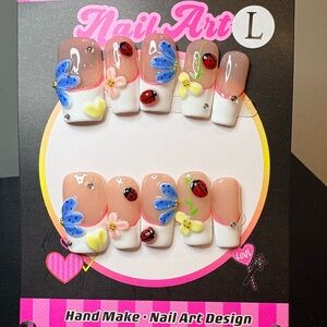 Handmade Floral Ladybug Press-On Nails - Pink, White, Blue, Yellow
